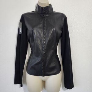 Black High Collar Leather Button Down Shirt Jacket